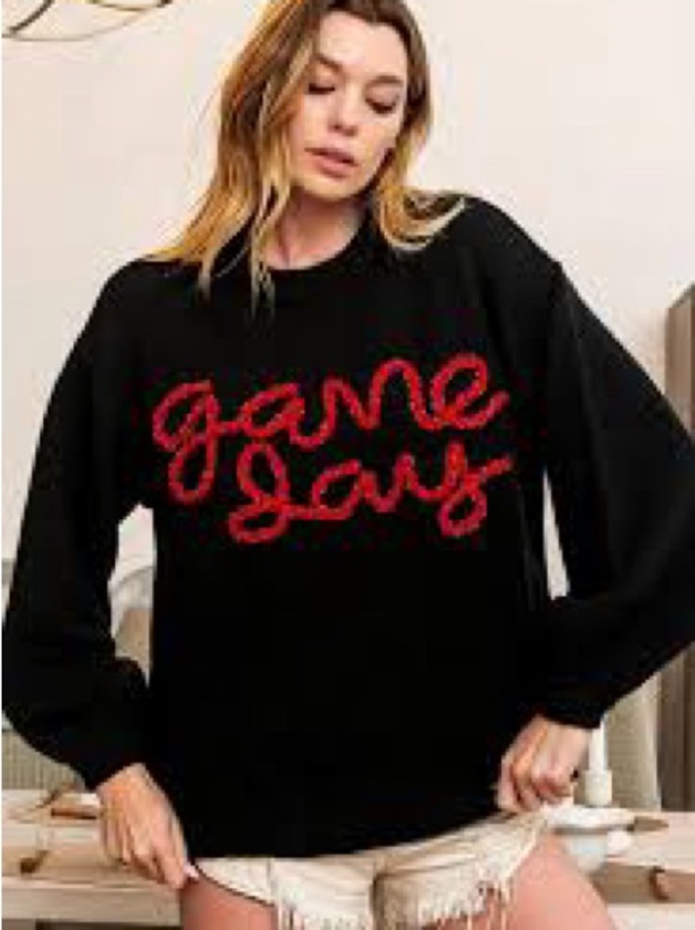 Bibi Black Sweatshirt Red Fuzzy “Game Day” Graphic Size L